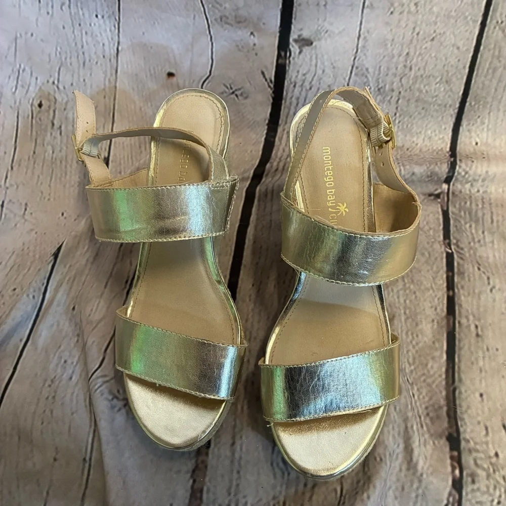 Montego Bay Club Women’s Espadrille Wedge Platform Sandals Womens‎ Sz 9 Gold GUC